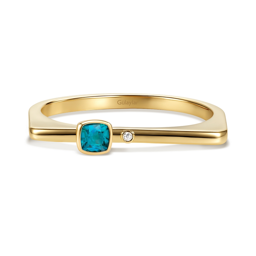 0,02 Karat Pırlanta Mavi Topaz Taşlı Yüzük