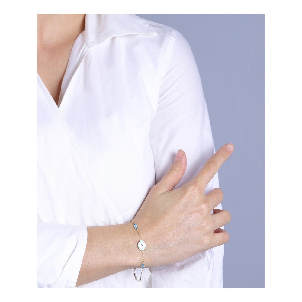 14 Ayar Sarı Altın Mavi Mineli Nazar Boncuklu Bileklik