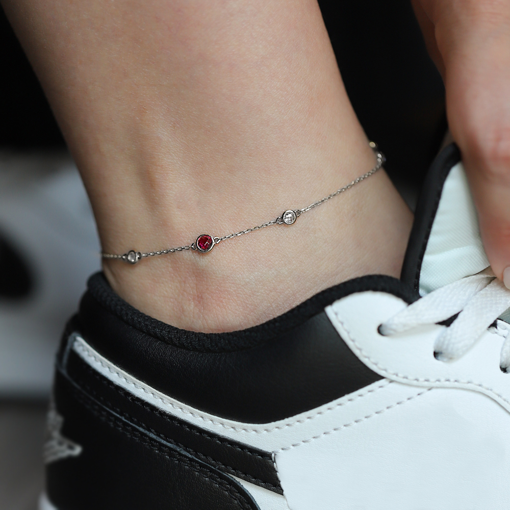 14 Ayar Beyaz Altın Kırmızı Taşlı Halhal