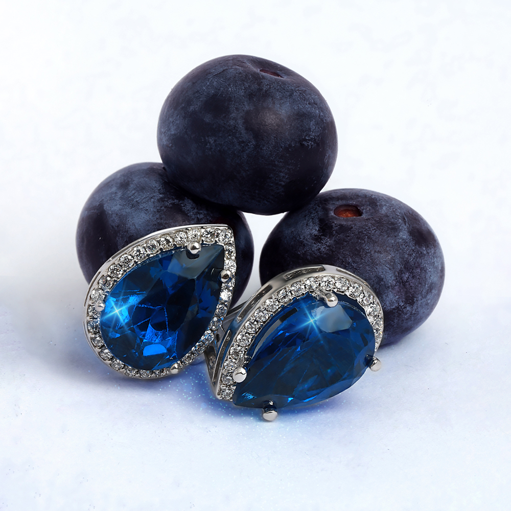 14 Ayar Beyaz Altın Mavi Taşlı Küpe