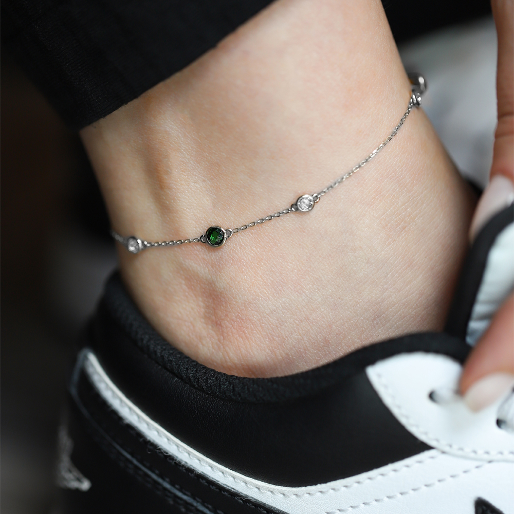 14 Ayar Beyaz Altın Yeşil Taşlı Halhal