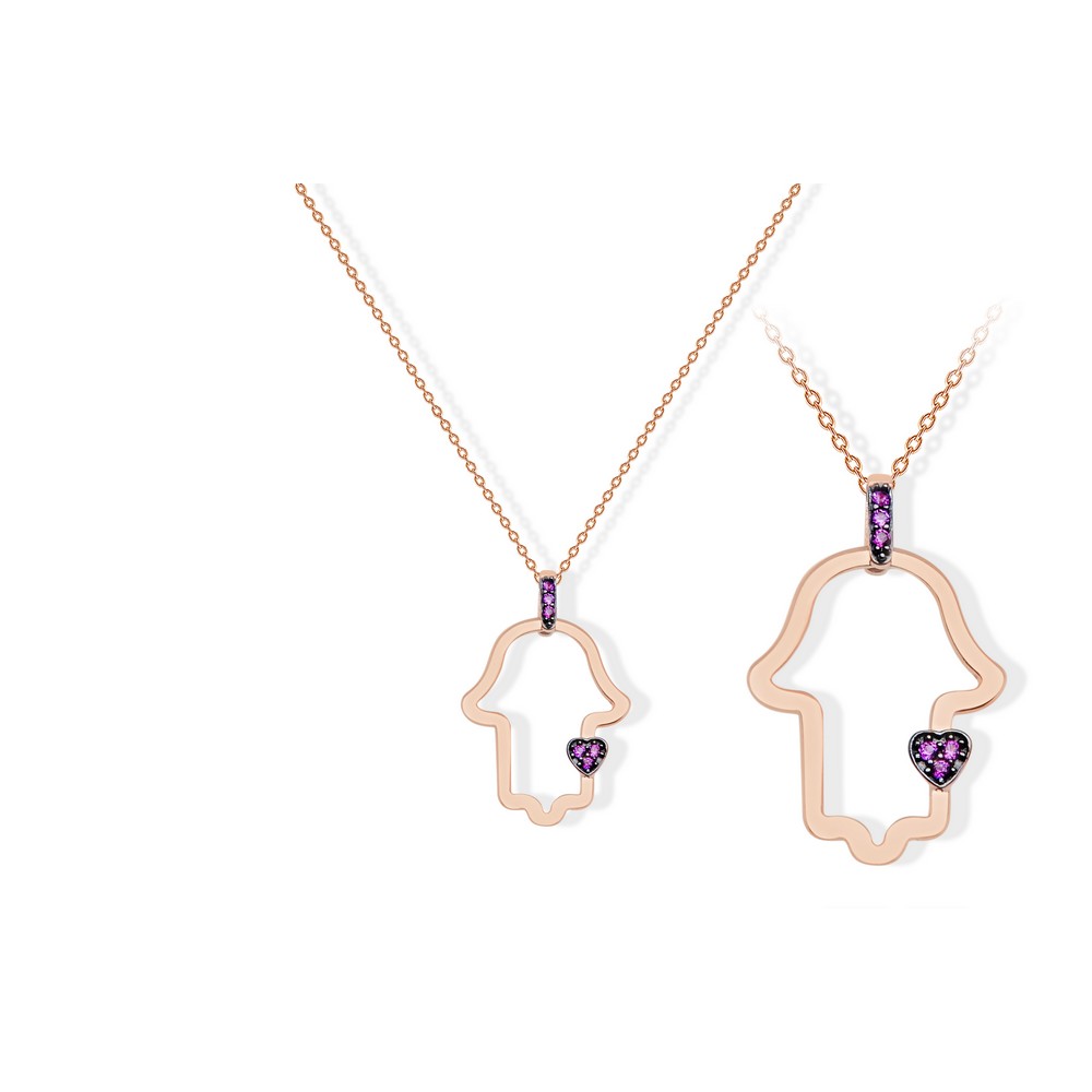 14 Ayar Rose Altın Mor Taşlı Fatma Ana Eli Kolye