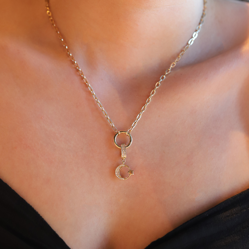 14 Ayar Sarı Altın Taşlı Ayyıldız Kolye Ucu