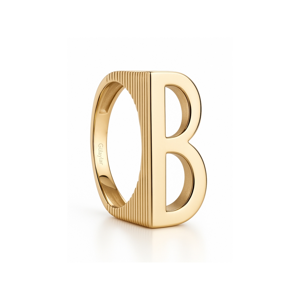 14 Ayar Sarı Altın B Bold Harf Yüzük