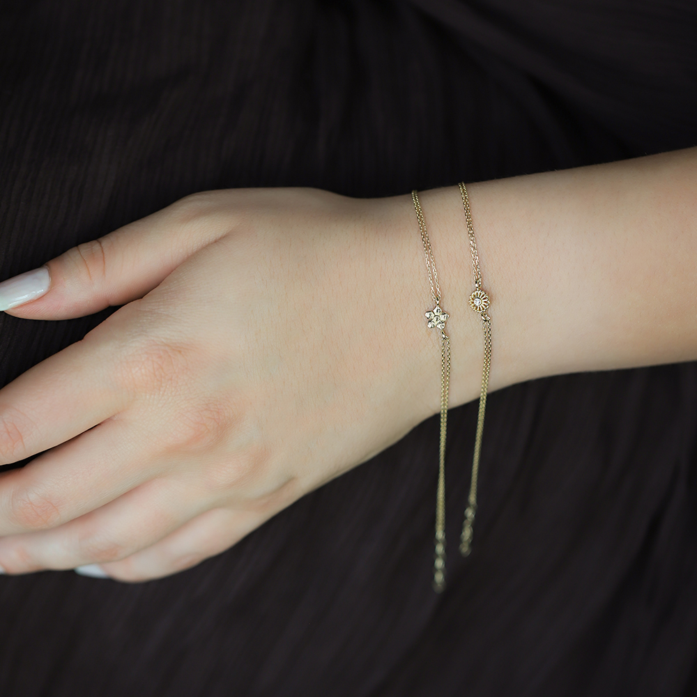 14 Ayar Sarı Altın Çiçek Minimal Bileklik