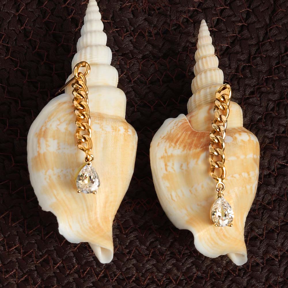 14 Ayar Sarı Altın Damla Taşlı Zincir Küpe