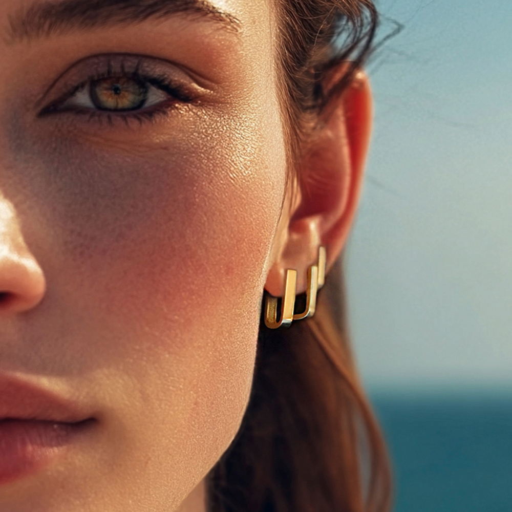 14 Ayar Sarı Altın Dikdörtgen Halka Küpe