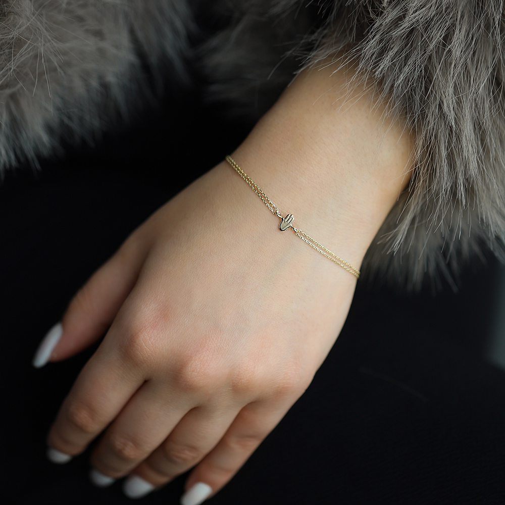 14 Ayar Sarı Altın Fatma Ana Eli Minimal Bileklik