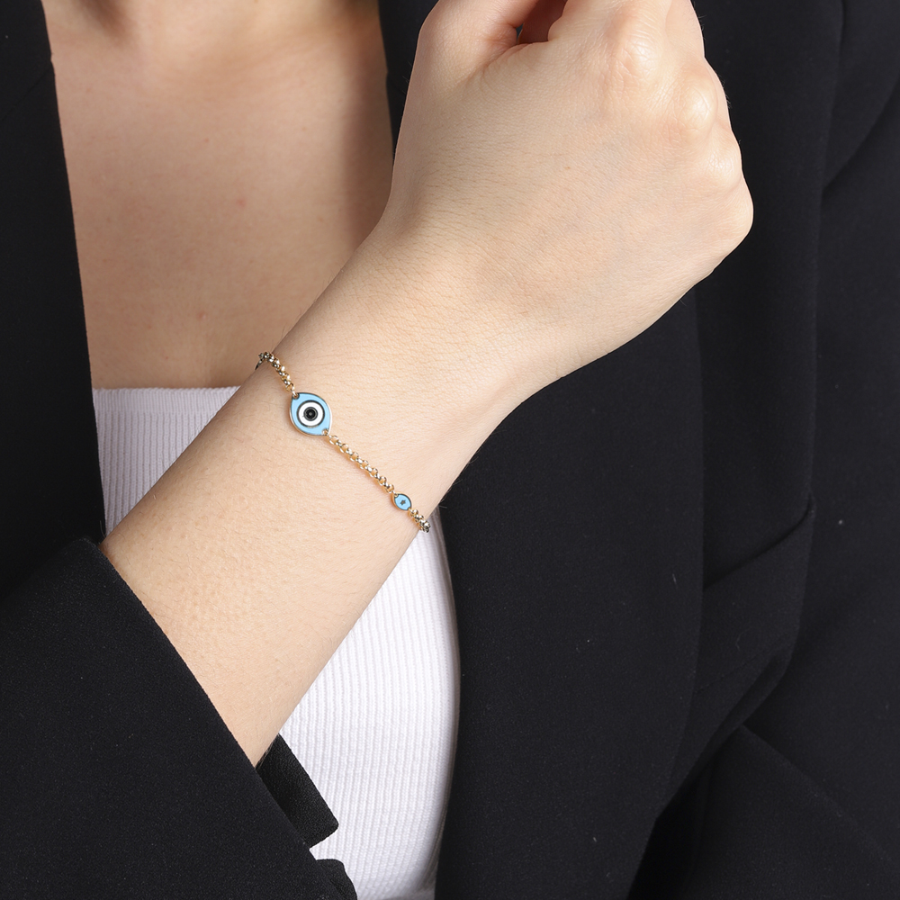 14 Ayar Sarı Altın Mavi Mineli Nazar Boncuklu Bileklik