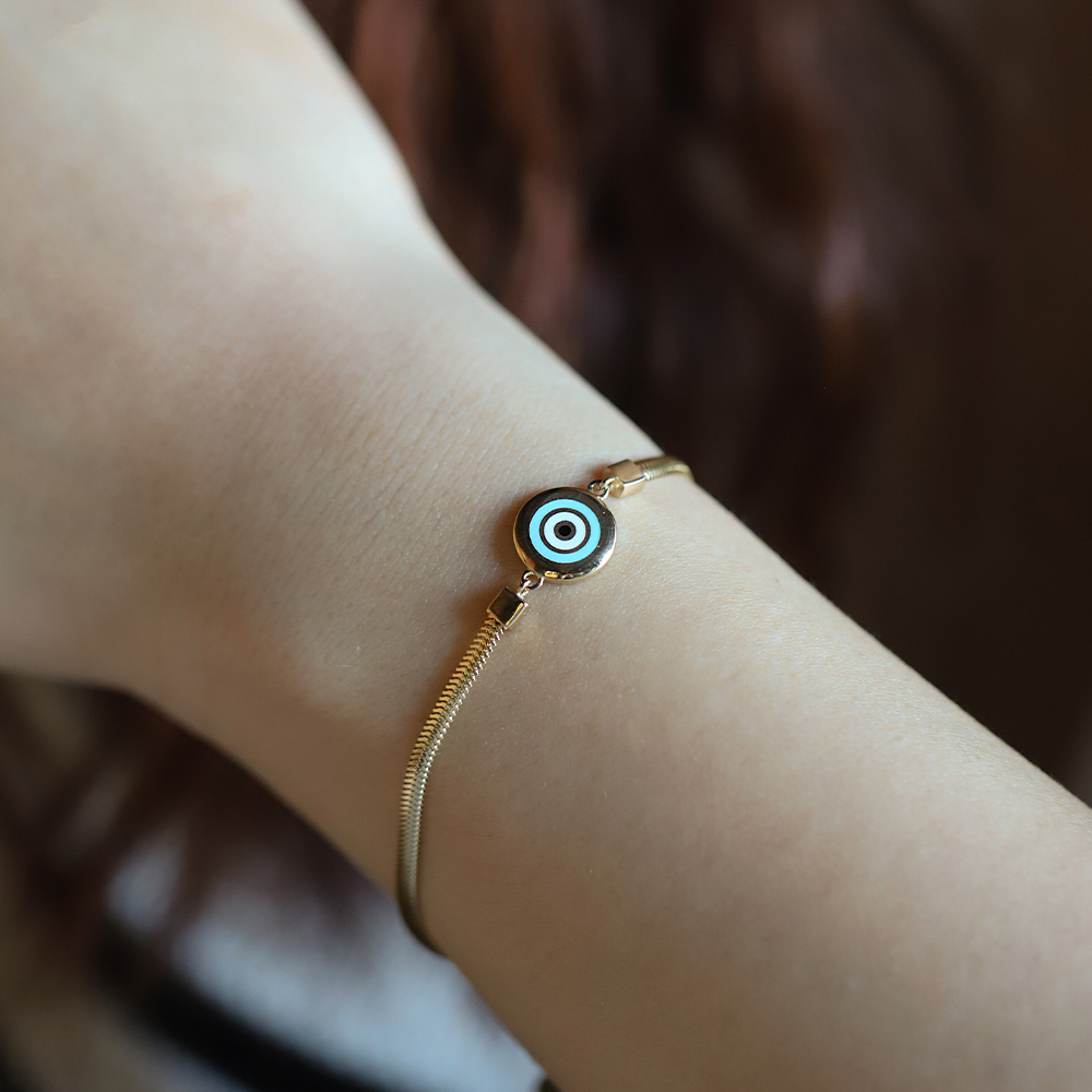 14 Ayar Sarı Altın Çift Taraflı Nazar Boncuklu Bileklik