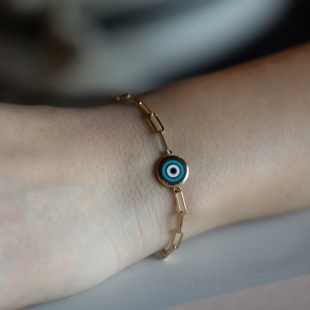 14 Ayar Sarı Altın Çift Taraflı Nazar Boncuklu Bileklik