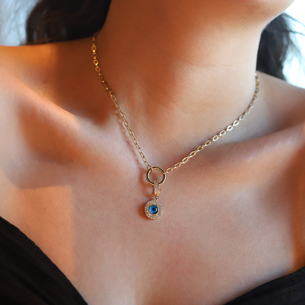 14 Ayar Sarı Altın Taşlı Nazar Boncuğu Kolye Ucu