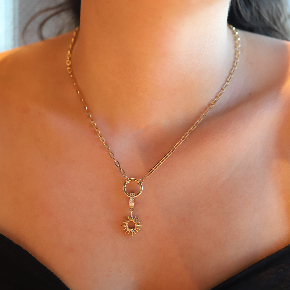 14 Ayar Sarı Altın Taşlı Güneş Kolye Ucu