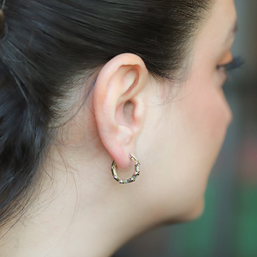 14 Ayar Sarı Altın Taşlı Halka Küpe