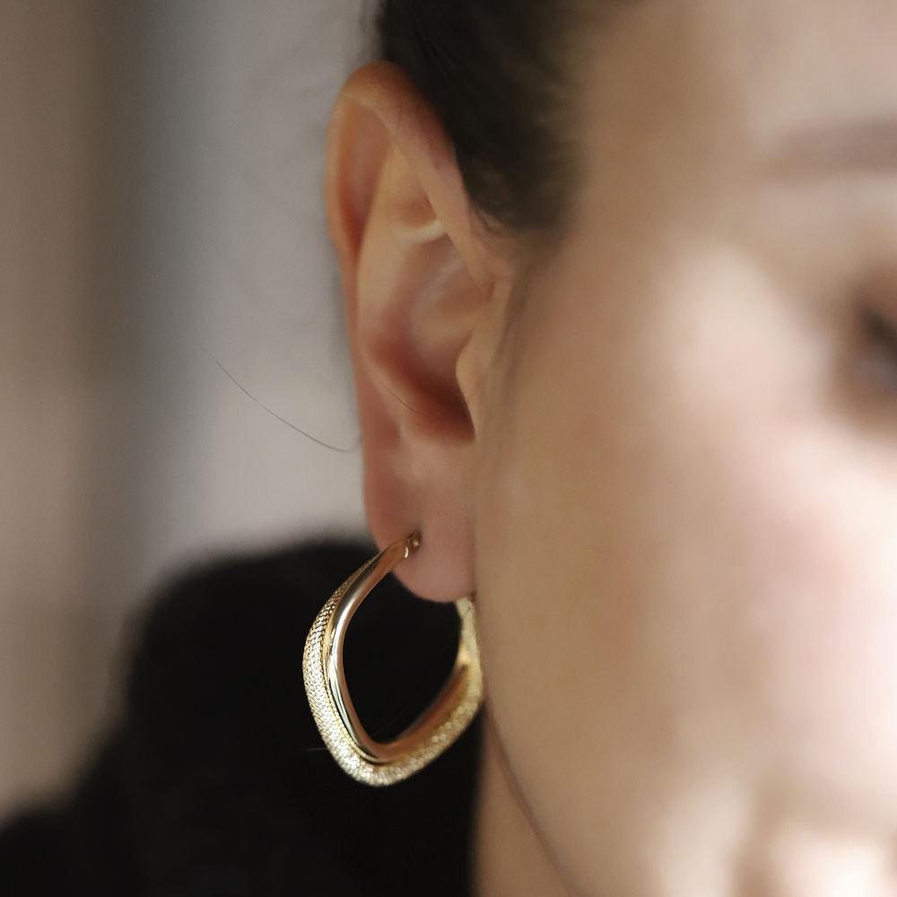 14 Ayar Sarı Altın Balık Sırtı İkili Halka Küpe