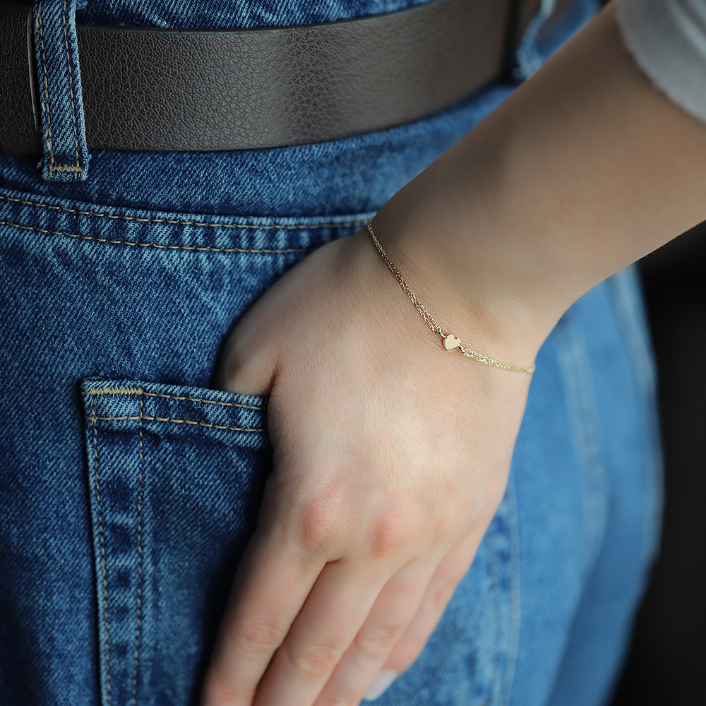 14 Ayar Sarı Altın Kalp Minimal Bileklik