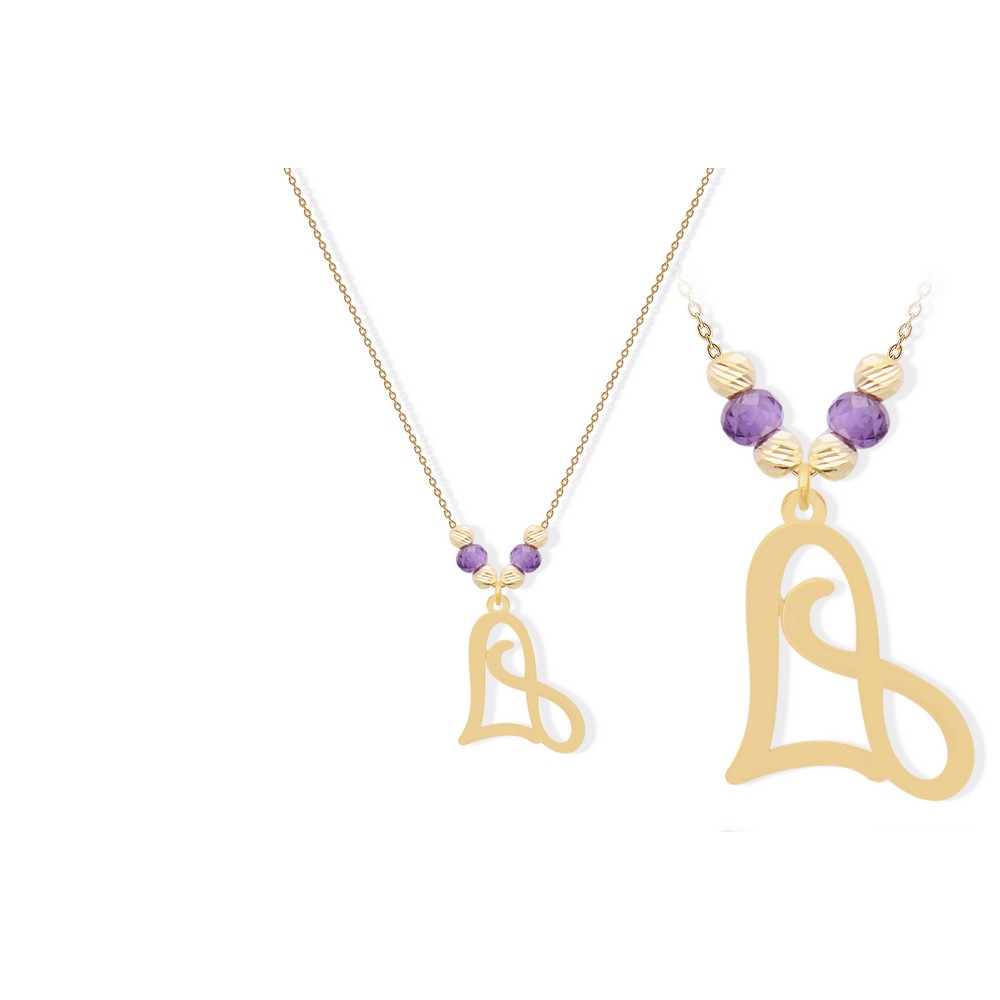 14 Ayar Sarı Altın Mor Taşlı Kalp Kolye