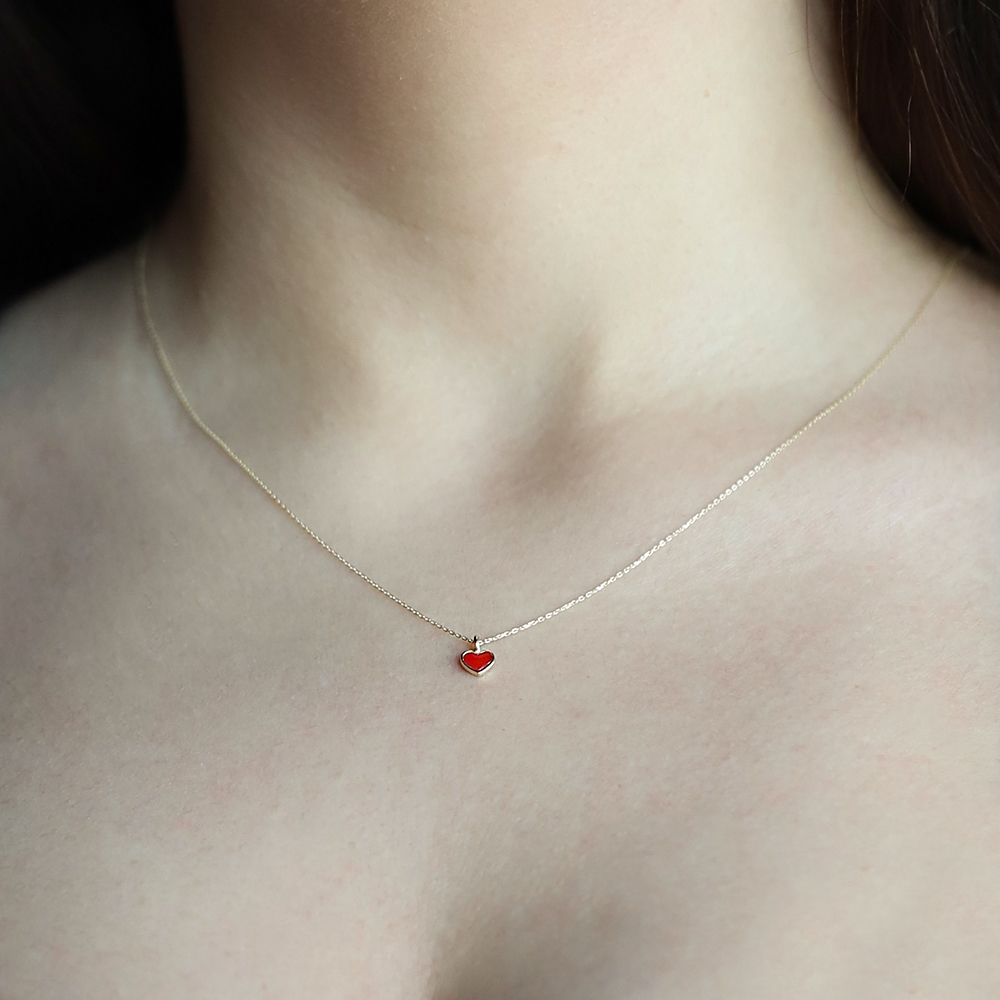 14 Ayar Sarı Altın Kırmızı Mineli Kalp Kolye