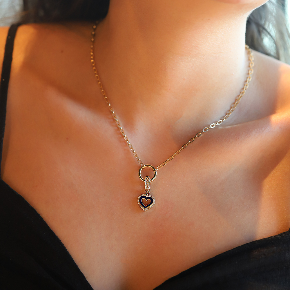 14 Ayar Sarı Altın Siyah Mineli Kalp Kolye Ucu