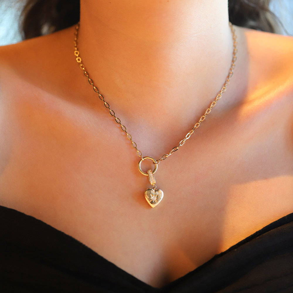 14 Ayar Sarı Altın Taşlı Kalp Kolye Ucu