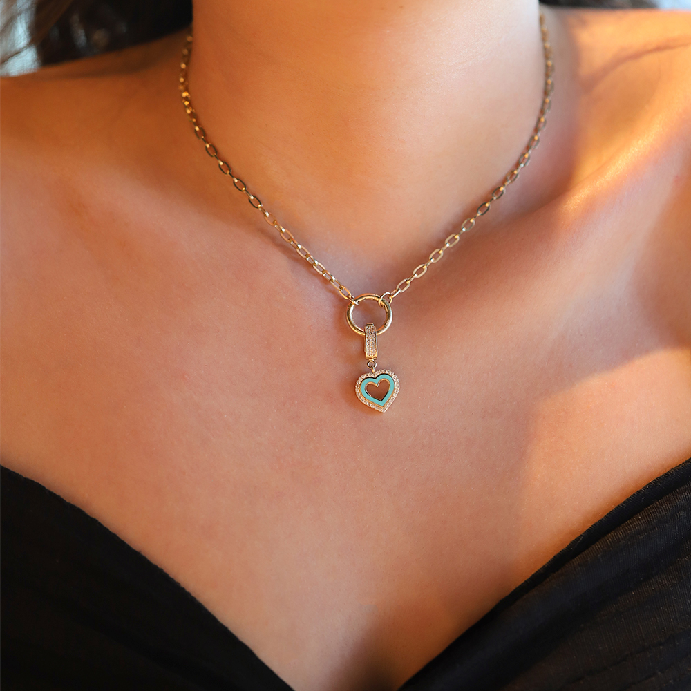 14 Ayar Sarı Altın Mavi Mineli Kalp Kolye Ucu