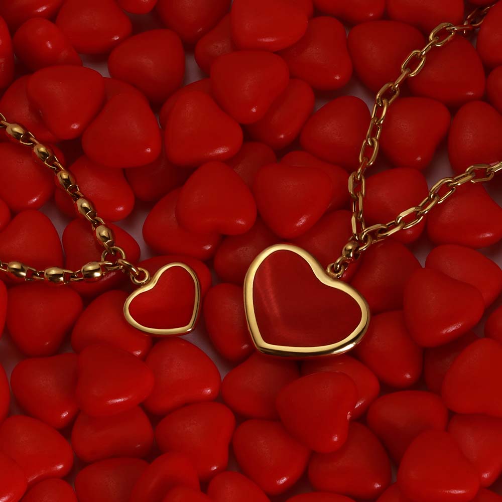 14 Ayar Sarı Altın Kırmızı Mineli Kalp Kolye