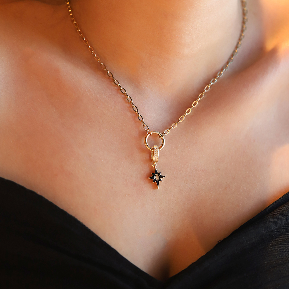 14 Ayar Sarı Altın Siyah Mineli Kutup Yıldızı Kolye Ucu