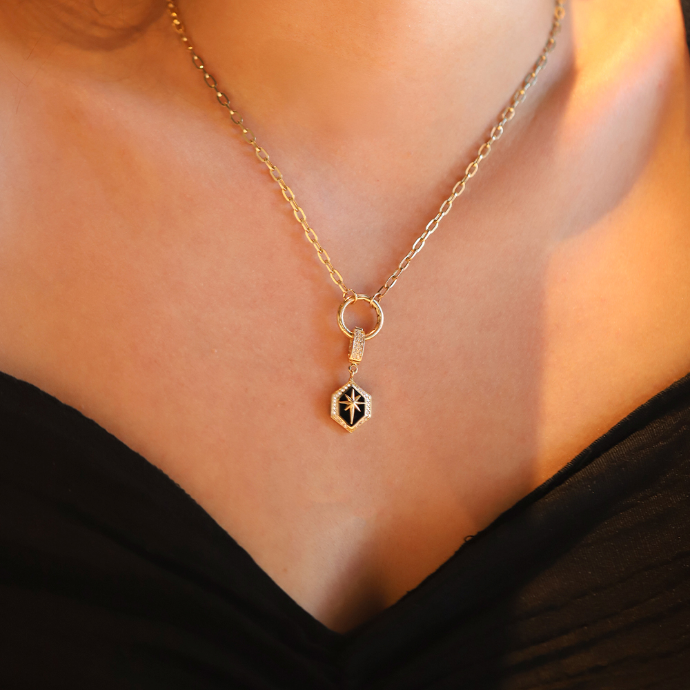 14 Ayar Sarı Altın Siyah Mineli Kutup Yıldızı Kolye Ucu