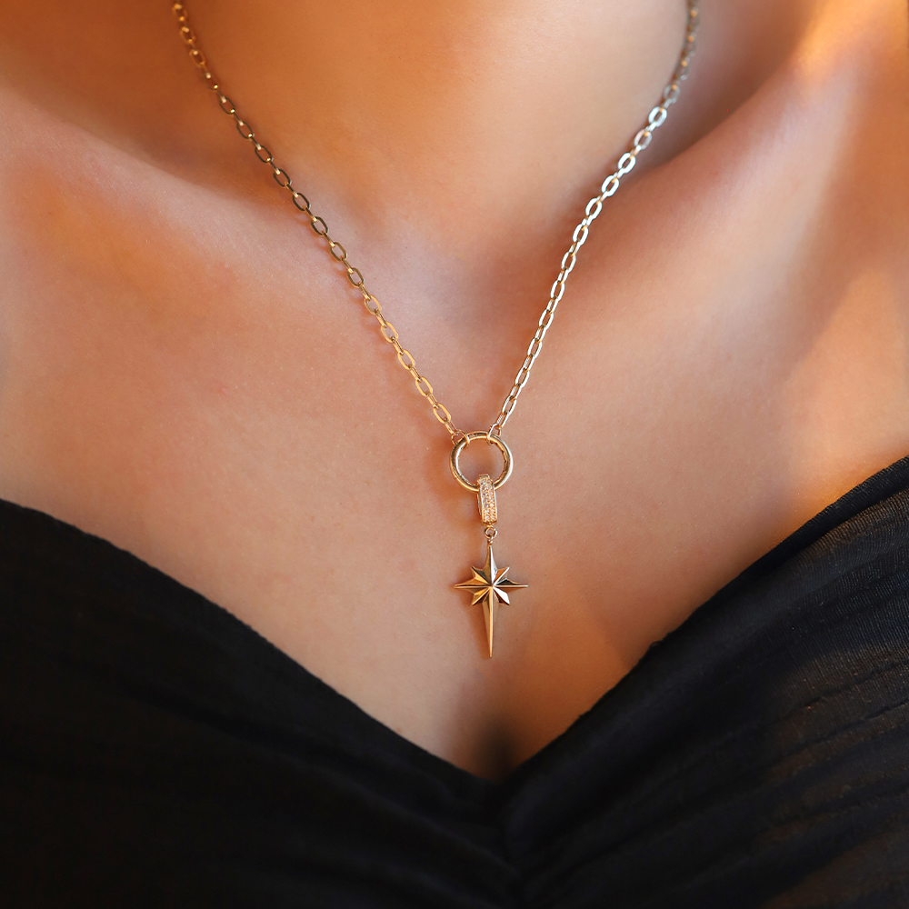 14 Ayar Sarı Altın Taşlı Kutup Yıldızı Kolye Ucu