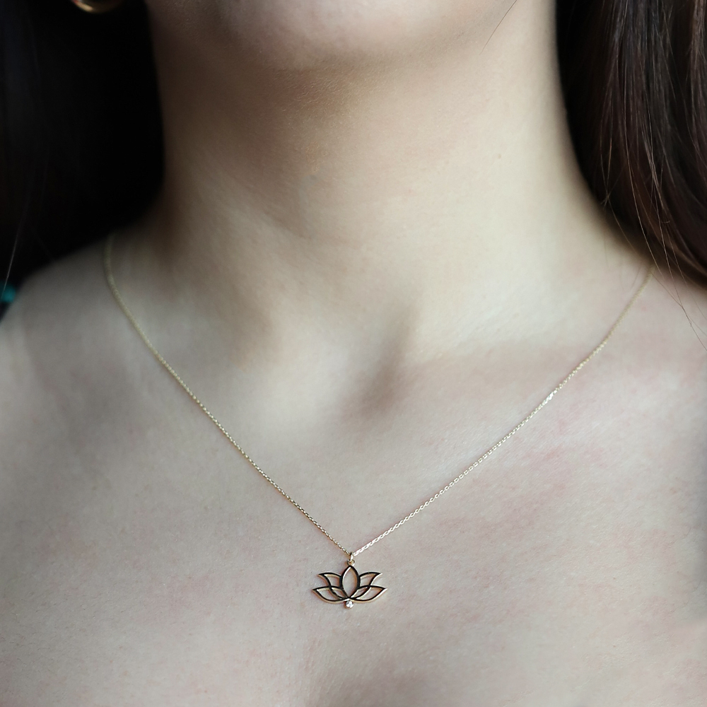 14 Ayar Sarı Altın Lotus Çiçek Kolye
