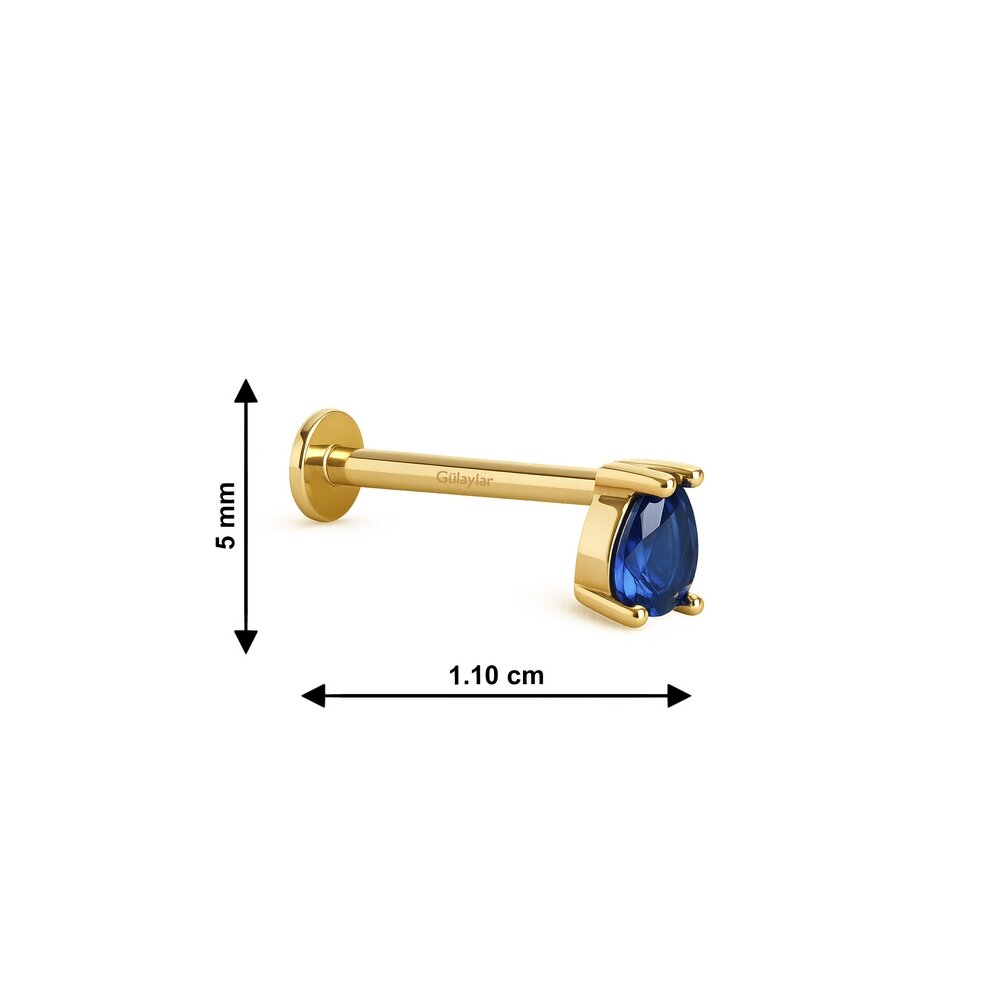 14 Ayar Sarı Altın Mavi Damla Taşlı Tragus Piercing