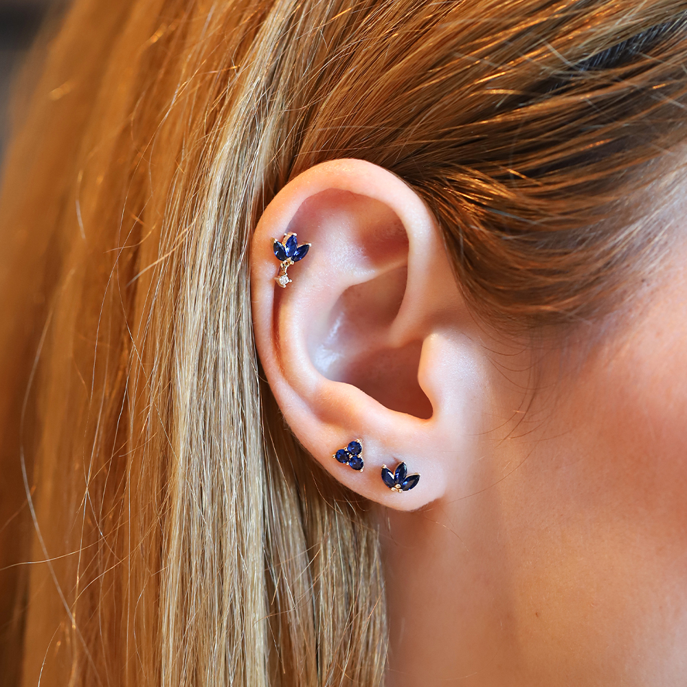 14 Ayar Sarı Altın Mavi Taşlı Tragus Piercing