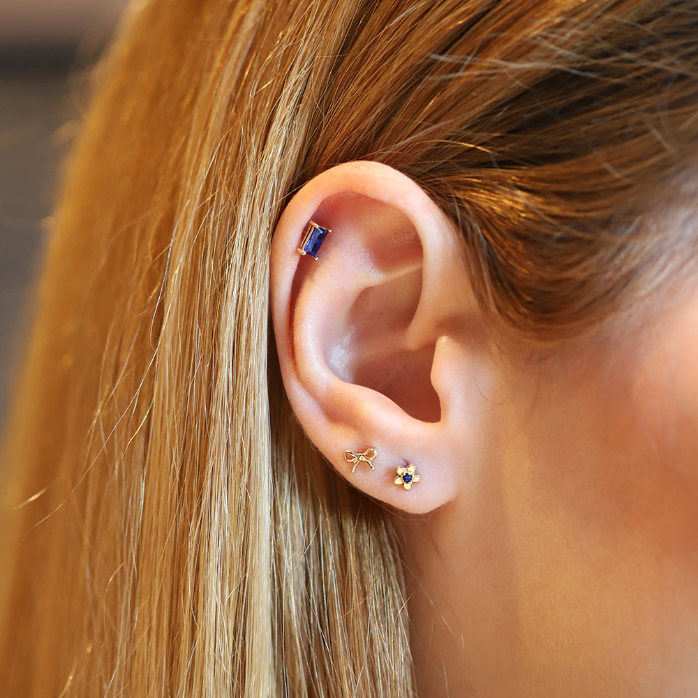 14 Ayar Sarı Altın Mavi Taşlı Tragus Piercing