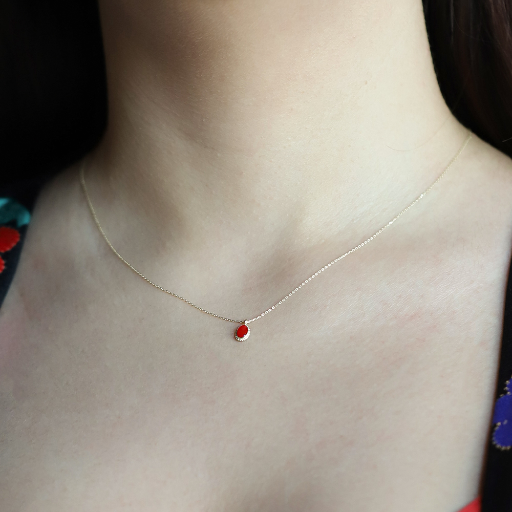 14 Ayar Sarı Altın Turuncu Mineli Kolye