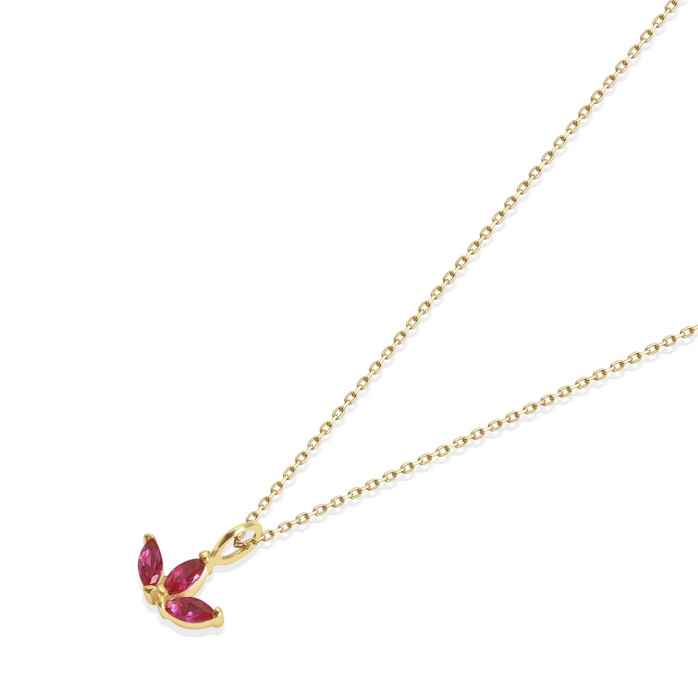 14 Ayar Sarı Altın Kırmızı Taşlı Lotus Kolye