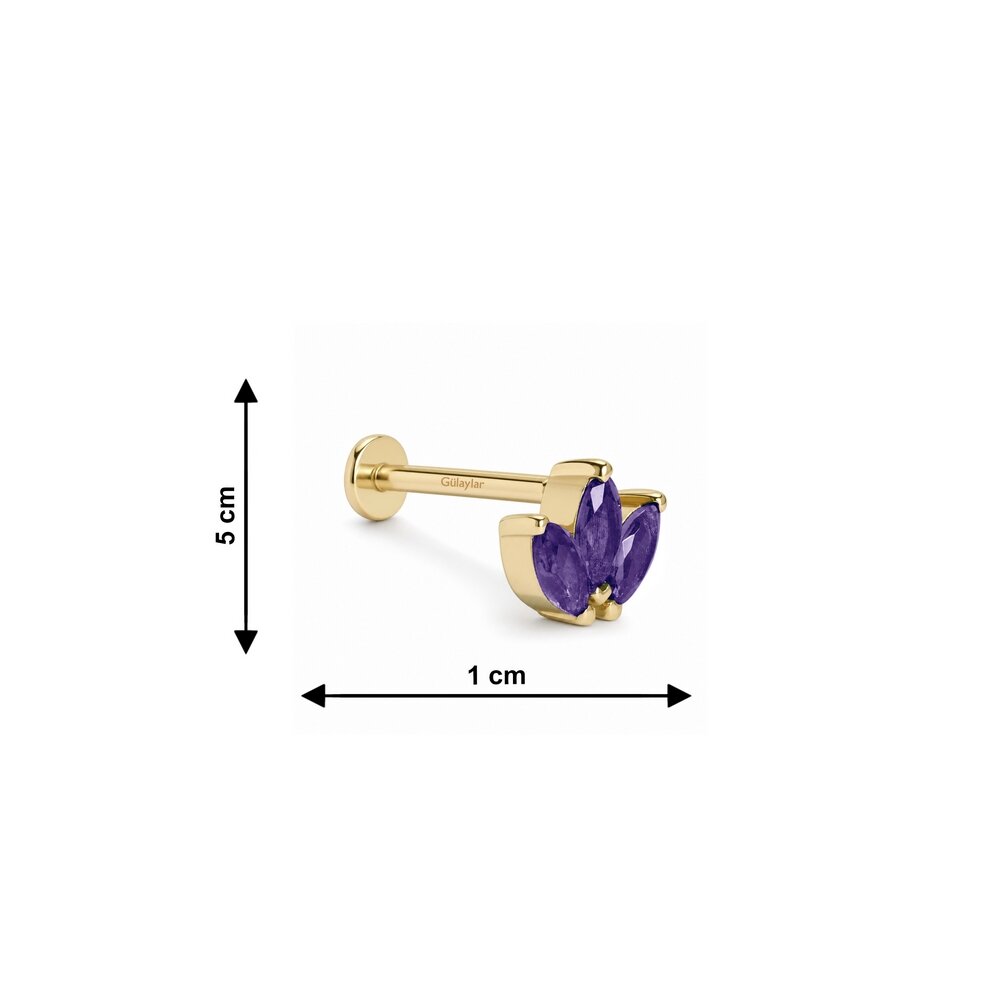 14 Ayar Sarı Altın Mor Taşlı Piercing