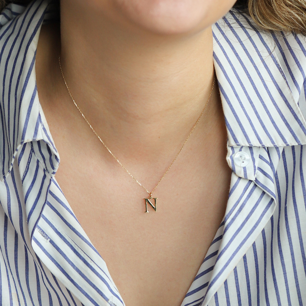 14 Ayar Sarı Altın N Harf Kolye