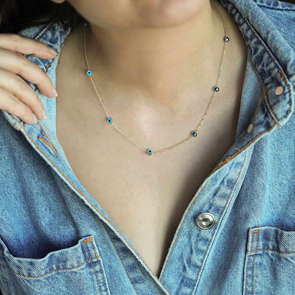 14 Ayar Sarı Altın Nazar Boncuğu Kolye