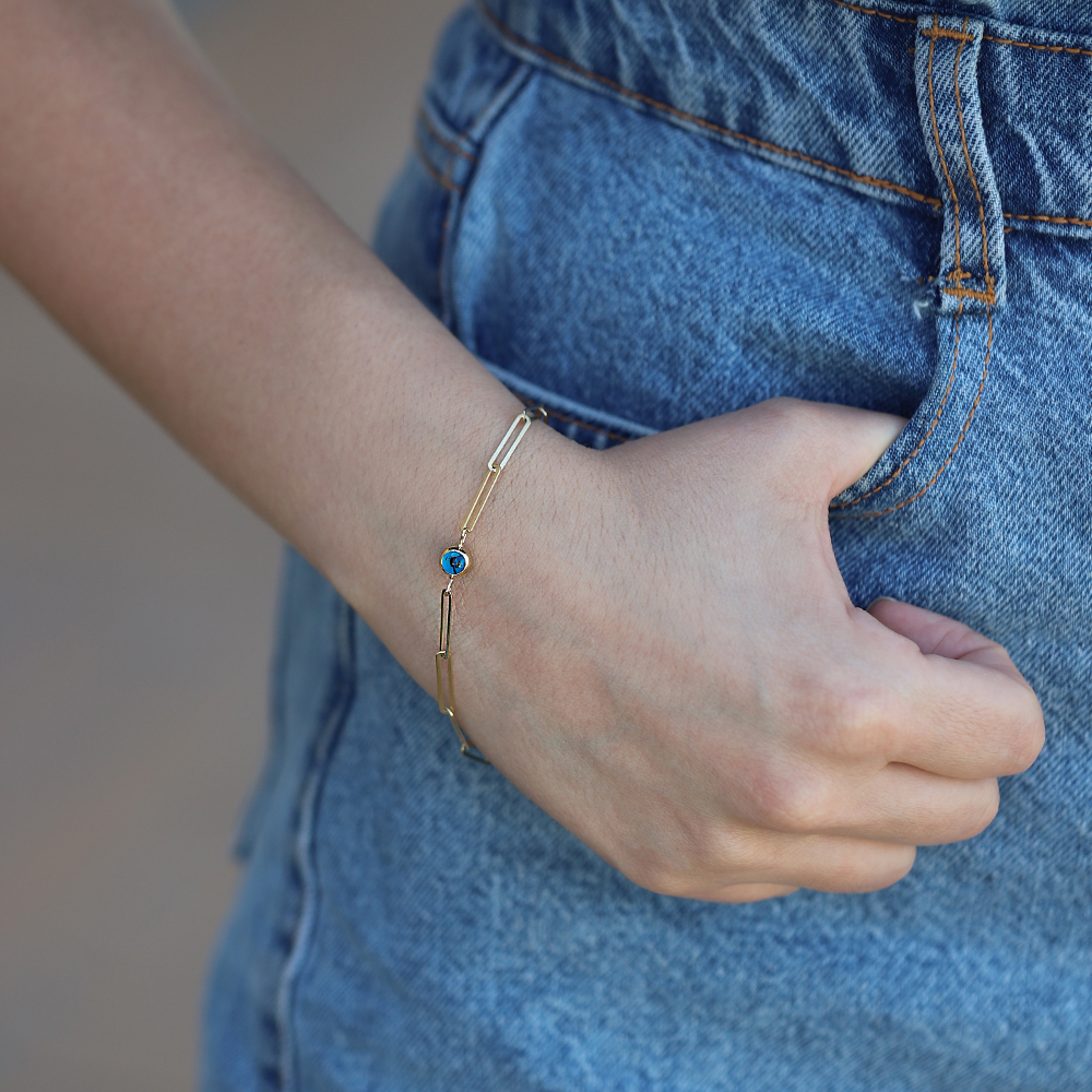 14 Ayar Sarı Altın Nazar Boncuklu Ataç Bileklik