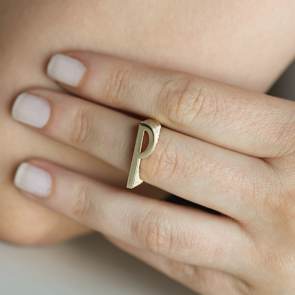 14 Ayar Sarı Altın P Bold Harf Yüzük