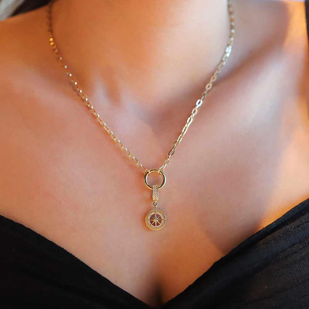 14 Ayar Sarı Altın Taşlı Pusula Kolye Ucu