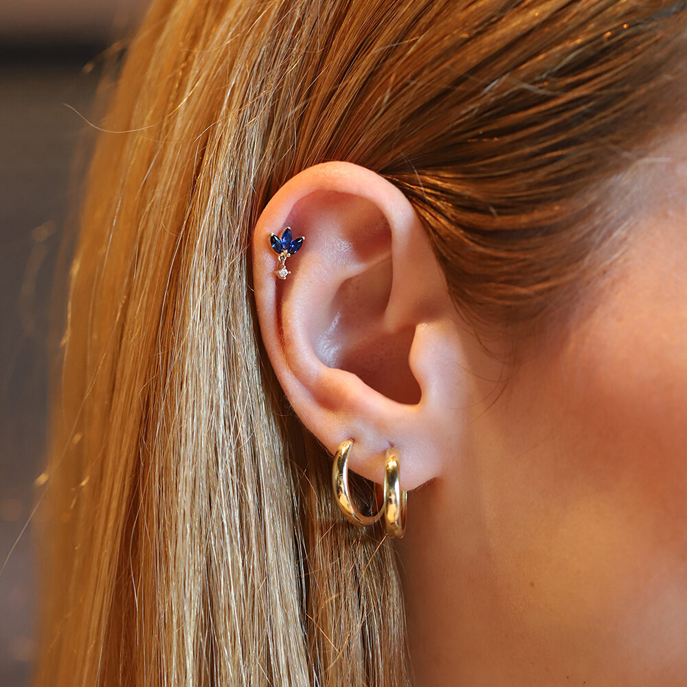 14 Ayar Sarı Altın Mavi Taşlı Tragus Piercing