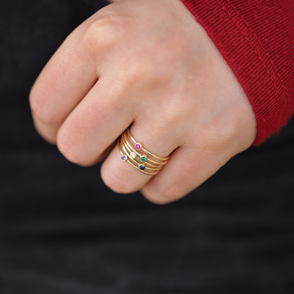 14 Ayar Sarı Altın Mavi Taşlı Minimal Yüzük