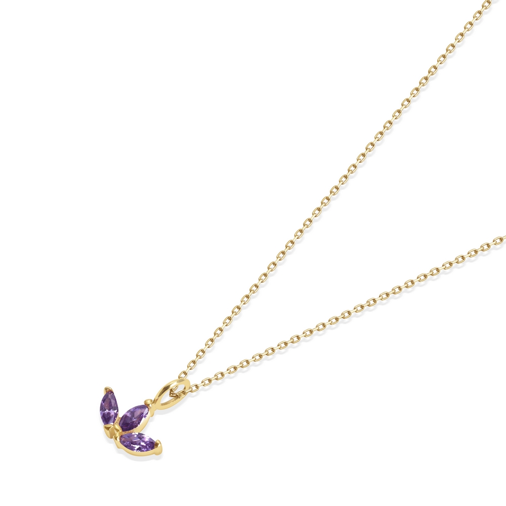 14 Ayar Sarı Altın Mor Taşlı Lotus Kolye