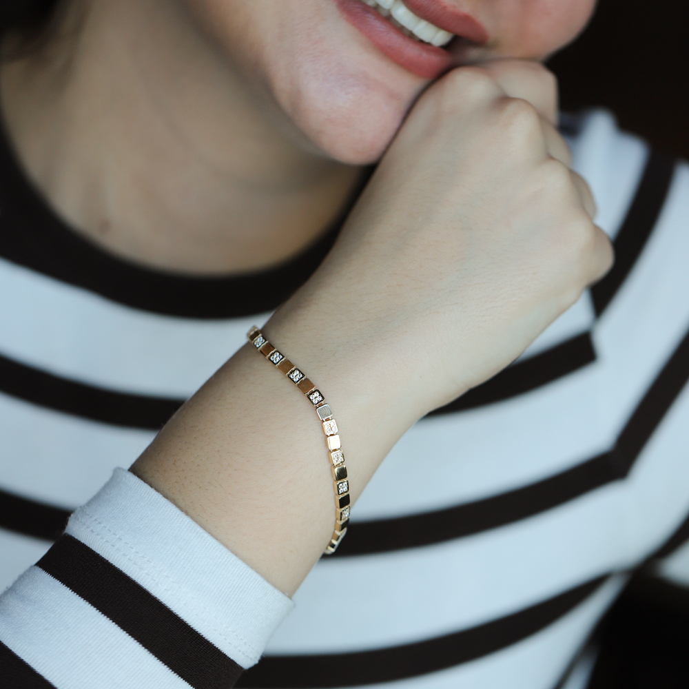 14 Ayar Sarı Altın Taşlı Zincir Bileklik