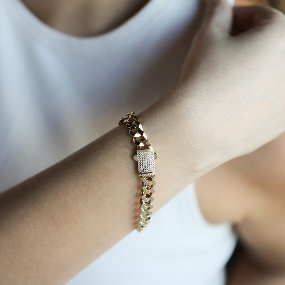 14 Ayar Sarı Altın Taşlı Zincir Bileklik