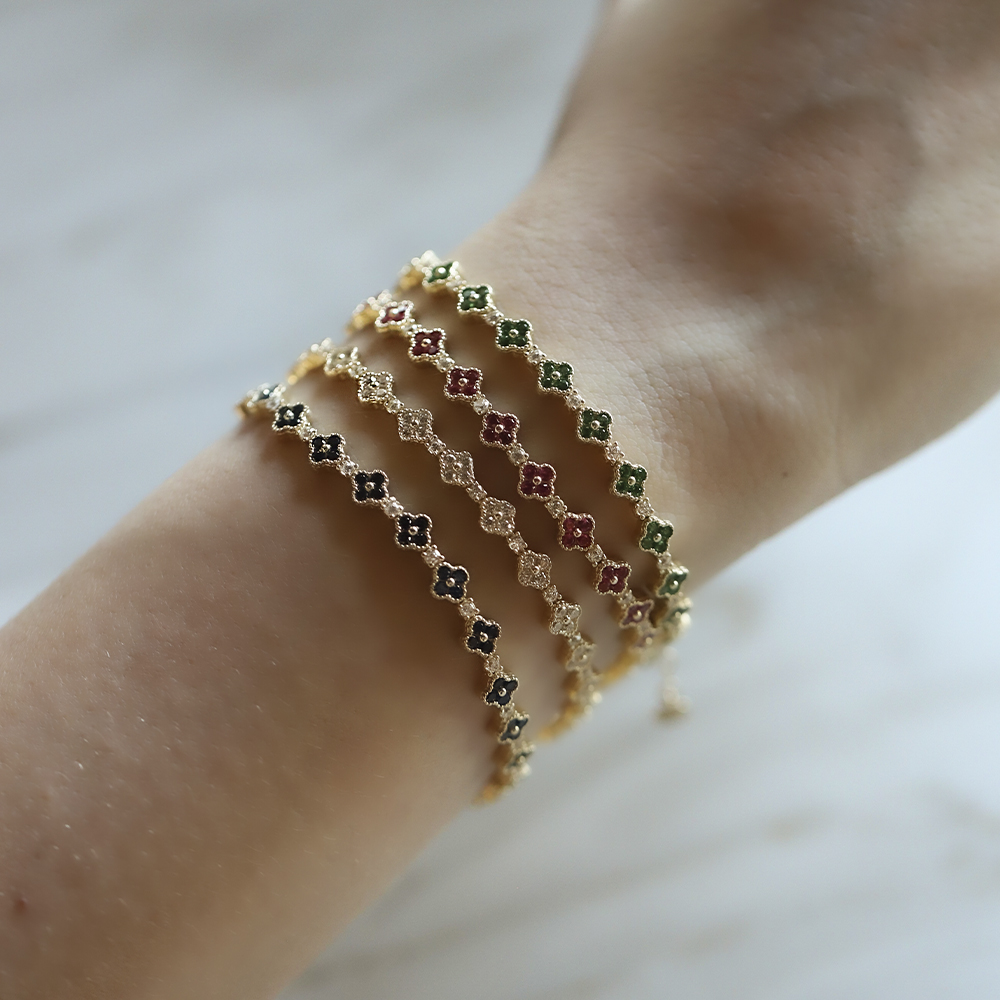 14 Ayar Sarı Altın Yeşil Taşlı Yonca Bileklik