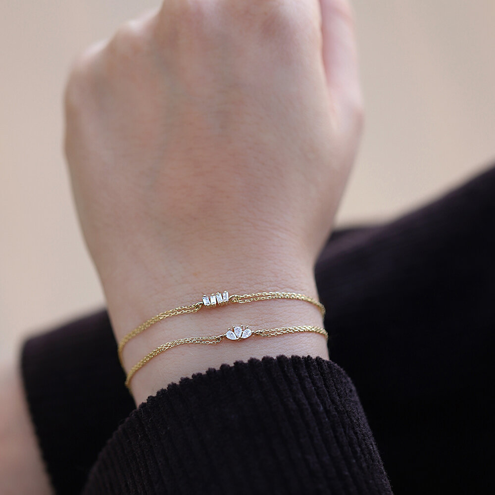 14 Ayar Sarı Altın Baget Taşlı Minimal Bileklik