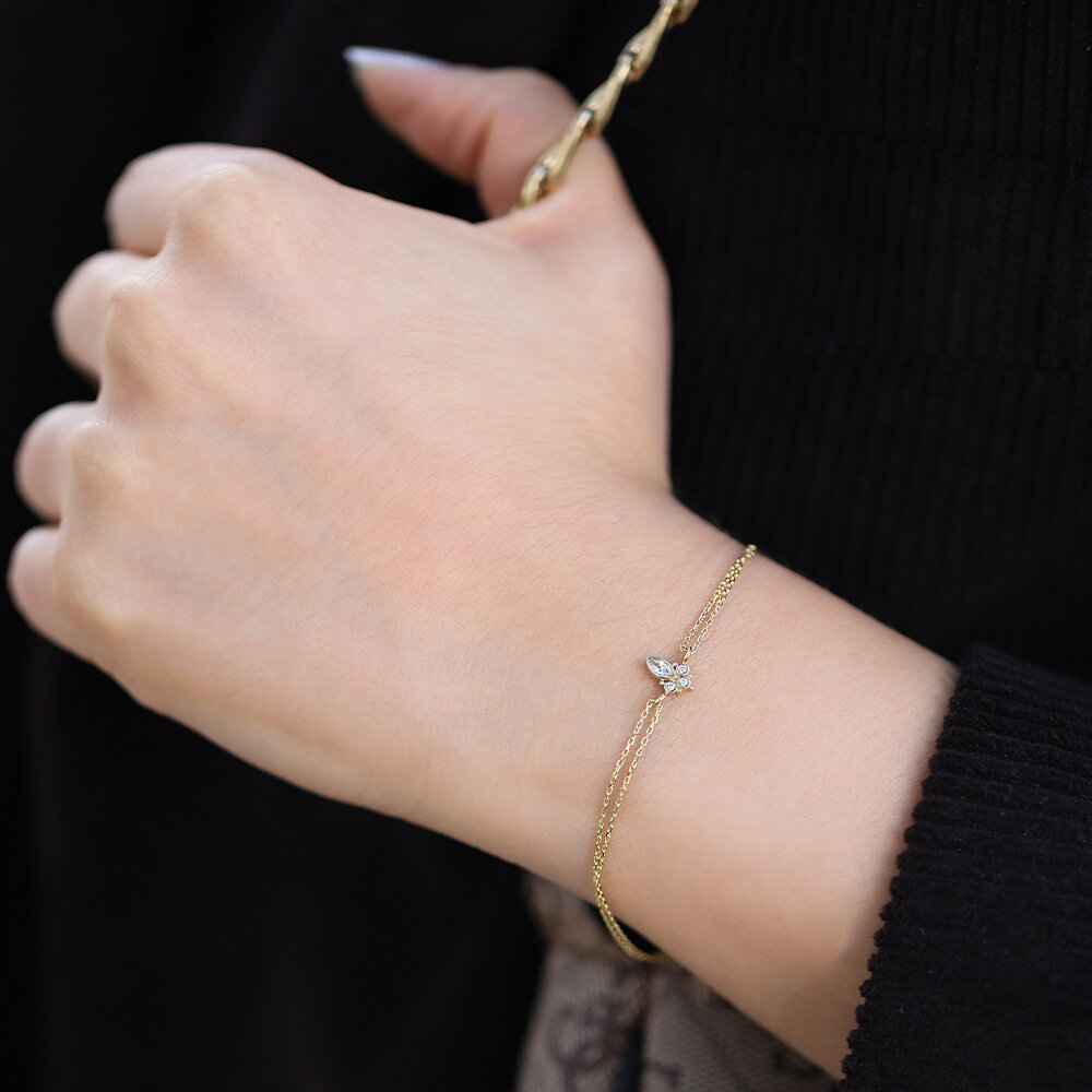 14 Ayar Sarı Altın Taşlı Minimal Bileklik