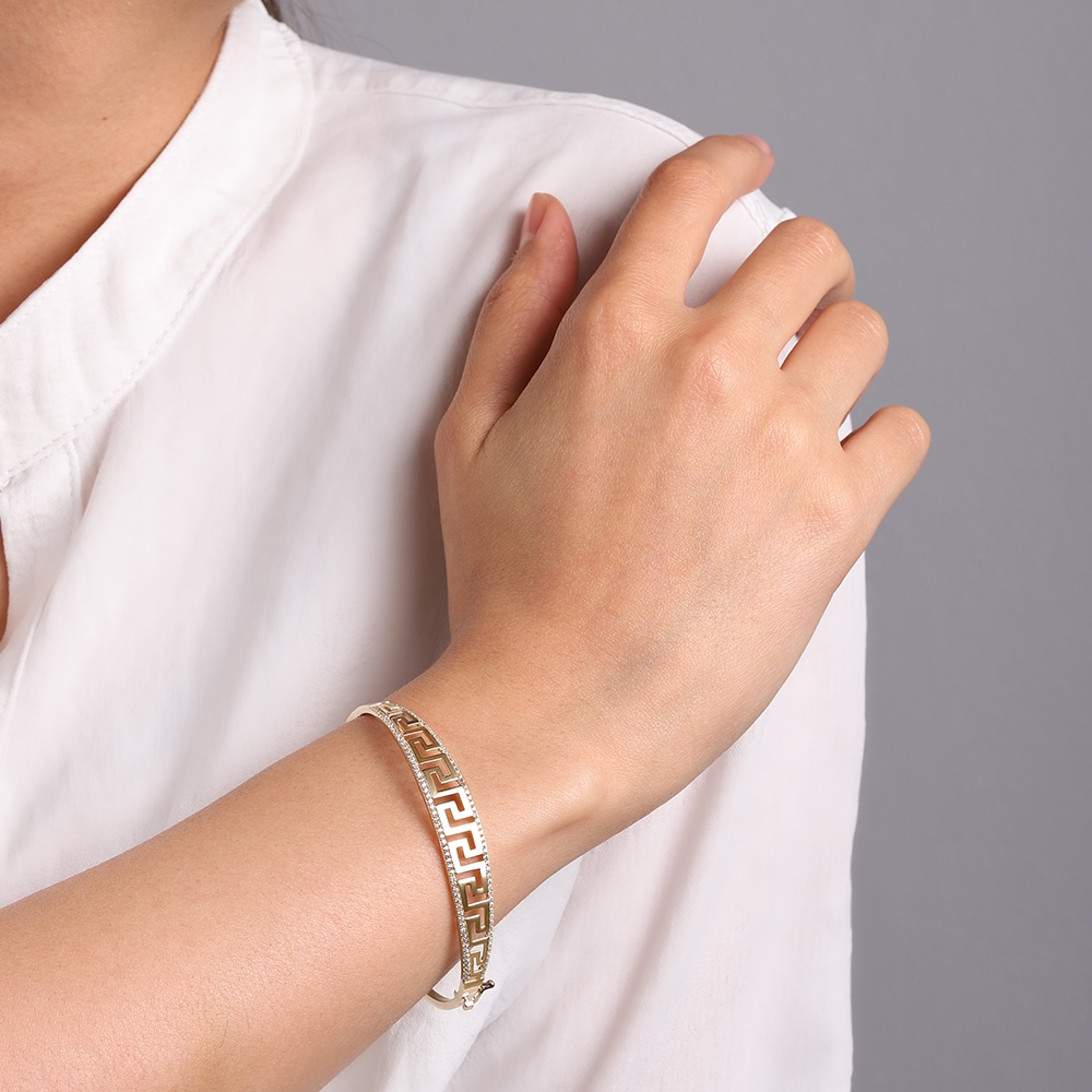 14 Ayar Sarı Altın Taşlı Kelepçe Bilezik